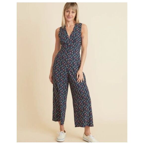 NWT Marine Layer Holli Sleeveless Jumpsuit Blue Cherry Print Pockets Tie Belt XS - Picture 13 of 14